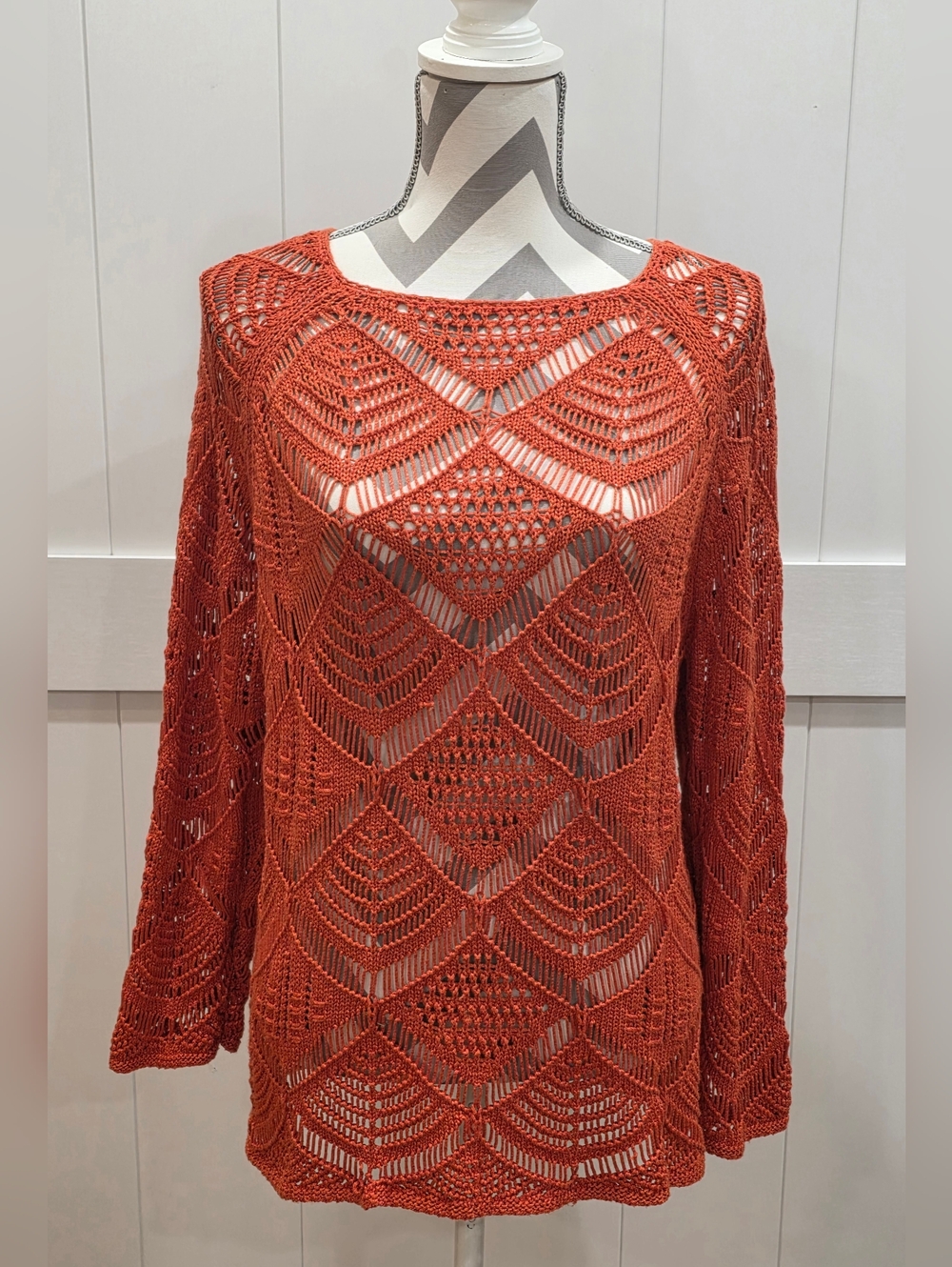 Chico's Womens Knit Sweater Size 2 Rust Orange Crochet Cotton Blend Pullover